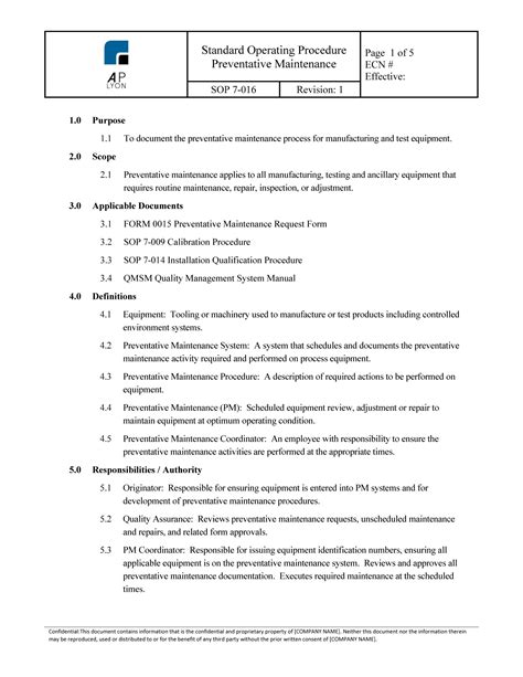 Preventive Maintenance Maintenance Sop Template