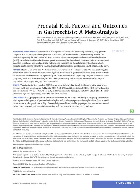 PDF Prenatal Risk Factors And Outcomes In Gastroschisis A Meta Analysis