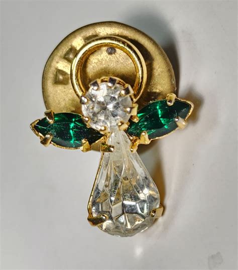 Gold Tone Angel Tie Tack Hat Lapel Pin 34 Rhinestone White Green Ebay