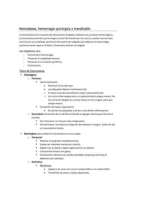 Resumen capítulo 4 Hemostasia hemorragia quirúrgica y transfusión