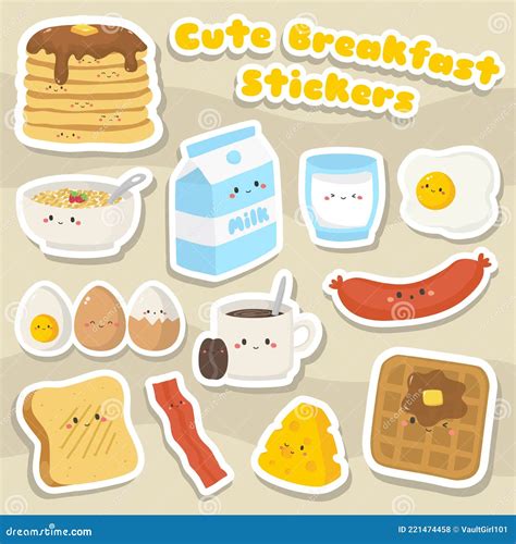 Cute Breakfast Food Sticker Vector Set Stock Vector Illustration Of