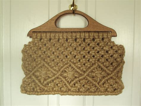 Macrame Bag With Wood Handles Boho Hippie Handbag 70s