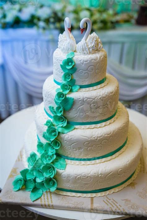 White Wedding Cake Decorated By Flowers Fruits Stock Photo At