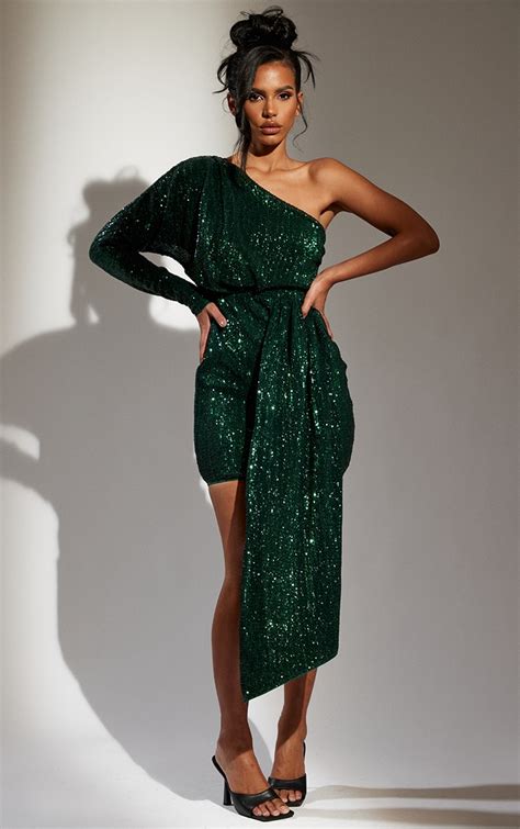 Emerald Green Sequin One Shoulder Draped Dress Prettylittlething