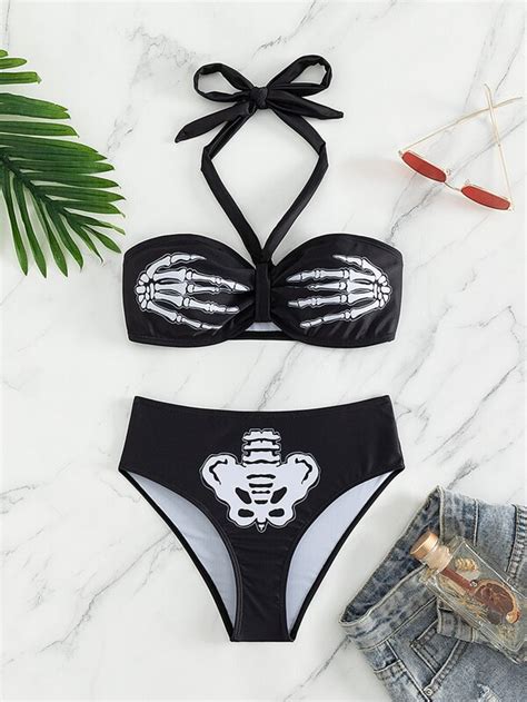 SHEIN SHEIN Swim HotGoth Skeleton Print Bikini Set Halter Bra High