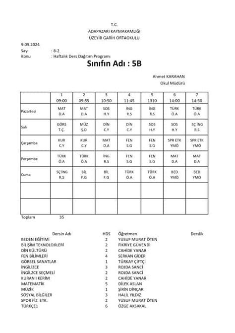 2024 2025 DERS PROGRAMI 09 09 2024 DEN İTİBAREN Üzeyir Garih Ortaokulu