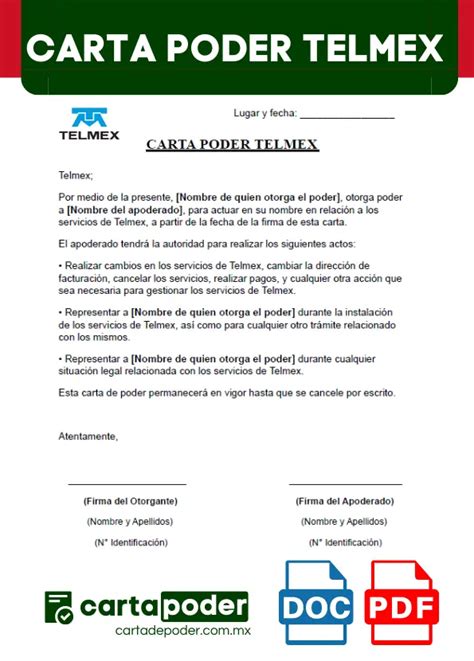 Carta Poder Telmex 10 Ejemplos En Word Pdf Gratis ️