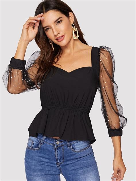 Shein Sequin Mesh Sleeve Sweetheart Peplum Top Peplum Top Mesh