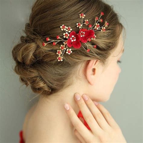 Romantic Red Color Fabric Flower Ornament Hair Clip For Women Flower