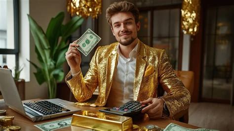 Funny Rich Man Wearing Golden Suit Sitting At Desk Holding Gold And