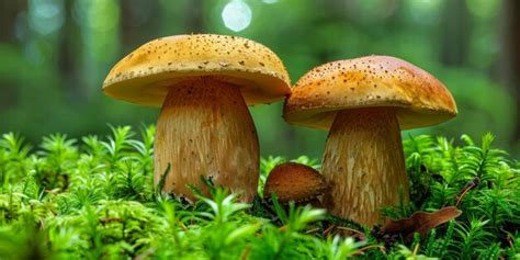 Premium Photo Pair Of Brown Cap Mushrooms Growing Amidst The Green