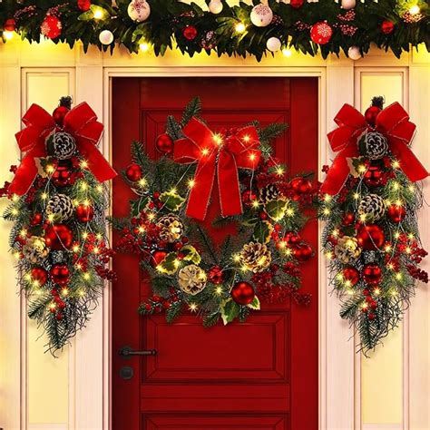 Amazon Meooeck 3 Pcs Christmas Pre Lit Wreath And Swag With Lights