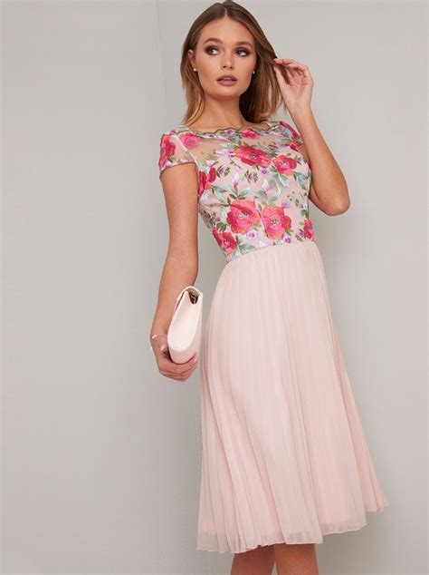 Cap Sleeved Embroidered Bodice Pleat Midi Dress In Pink Stunning