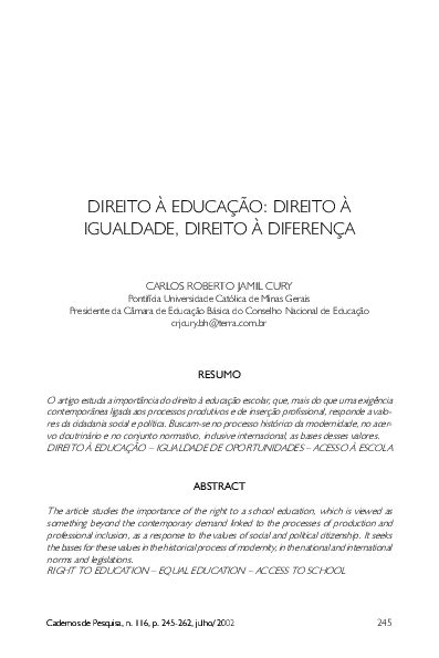 Pdf Direito À EducaÇÃo Direito À Igualdade Direito À DiferenÇa