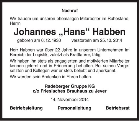 Traueranzeigen Von Johannes Habben Nordwest Trauer De