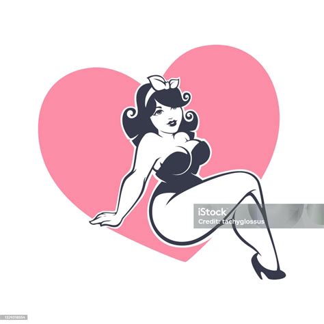 Happy Plus Size Pinup Girl On Heart Shape Background Stock Illustration