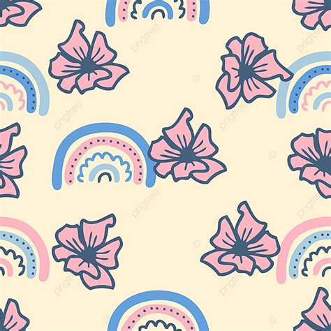 Hippie Aesthetic Seamless Pattern With Flowers And Rainbows Background