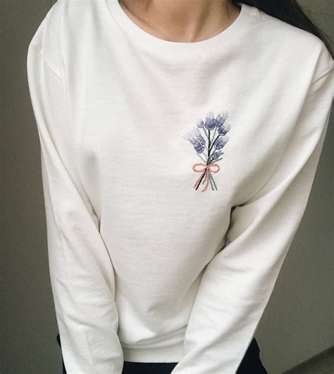 Lavender Flower Embroidered Sweatshirt Crewneck White Etsy