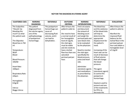 NURSING CARE PLANS NCP FOR THE DIAGNOSIS IN UTERINE AGONY CLUSTERED