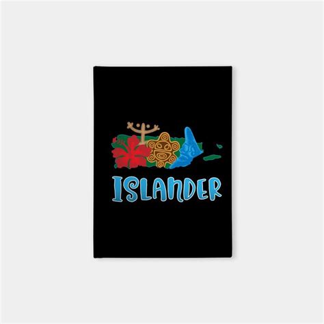 A Black Square Sticker With The Words Islander Written In Blue And Red