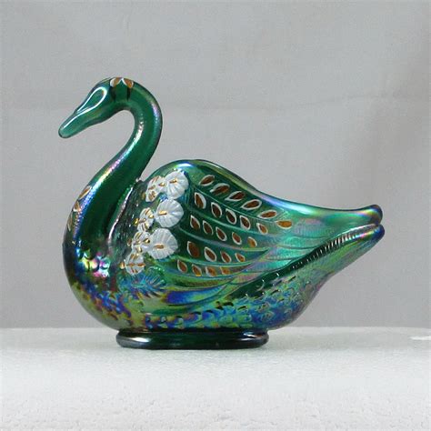 Fenton Green Hand Painted Glass Pastel Swan Salt 2001 Museum Collection Carnival Glass