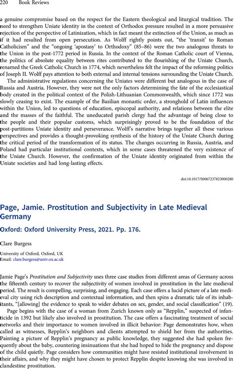 Jamie Page Prostitution And Subjectivity In Late Medieval Germany Oxford Oxford University