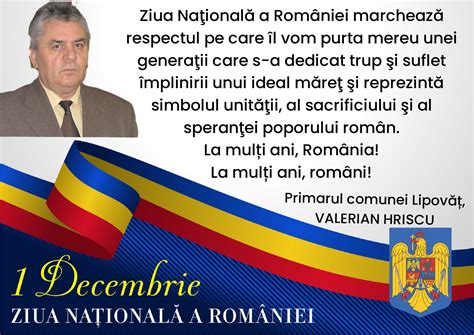 Mesajul Primarului Comunei Lipov T Cu Ocazia Zilei Na Ionale A Rom Niei