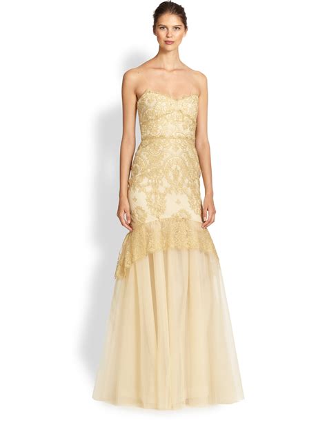 Lyst Notte By Marchesa Strapless Metallic Lace Gown In Metallic