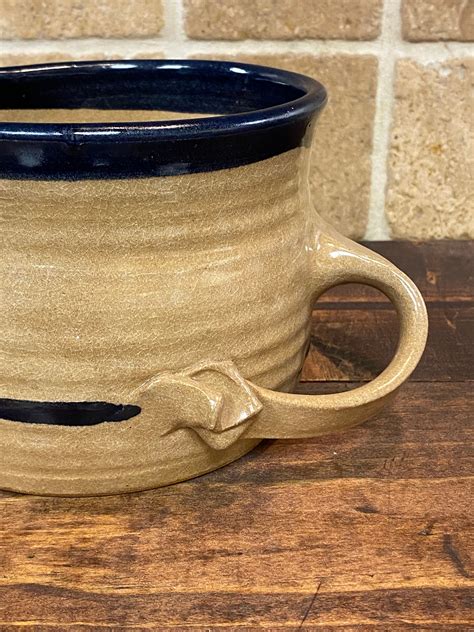 Handmade Crock Brown Clay And Blue Striped Clay Handled Wide Etsy