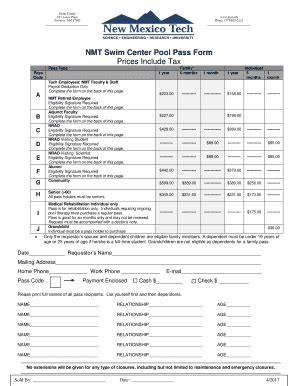 Fillable Online Nmt Swim Center Fee Schedule Fax Email Print Pdffiller