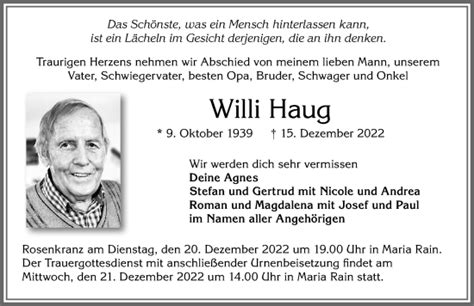 Traueranzeigen Von Willi Haug Augsburger Allgemeine Zeitung