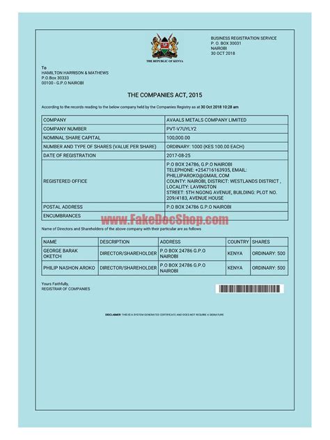 Kenya Business License Pdf Template Fakedocshop