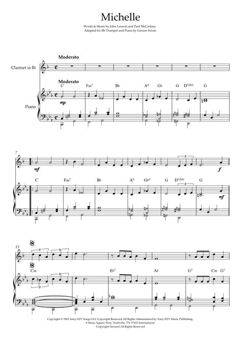 Michelle Arr Gerson Arrais By The Beatles Sheet Music For Clarinet And Piano At Sheet Music