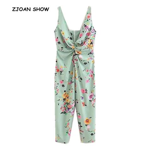 Sexy Deep V Neck Floral Print On Front Kink Spaghetti Strap Jumpsuit