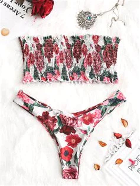 Nwt Floral Bandeau Smocked Top With Thong Bikini Bottoms Floral Size