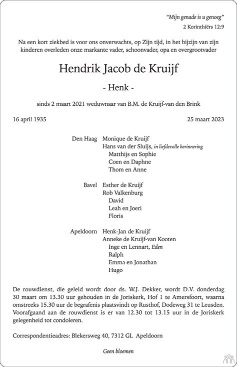 Hendrik Jacob Henk De Kruijf 25 03 2023 Overlijdensbericht En