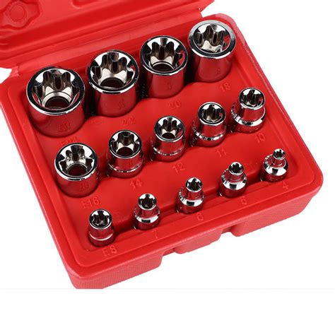 Tebru 14Pcs E Type Torx Star Bit Socket Set E4 E24 1 4 3 8 1 2 Drive