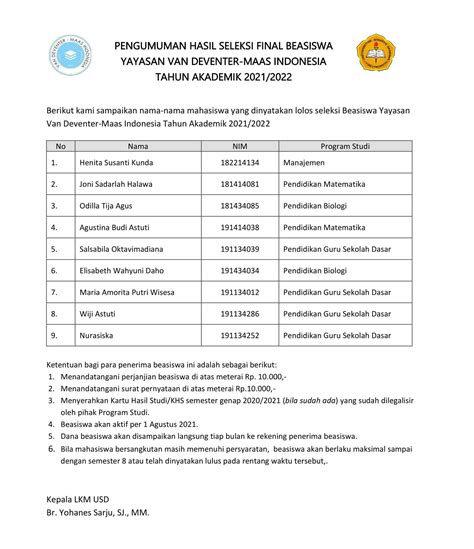 Beasiswa Usd Pengumuman Penerima Beasiswa Yayasan Van Deventer Maas