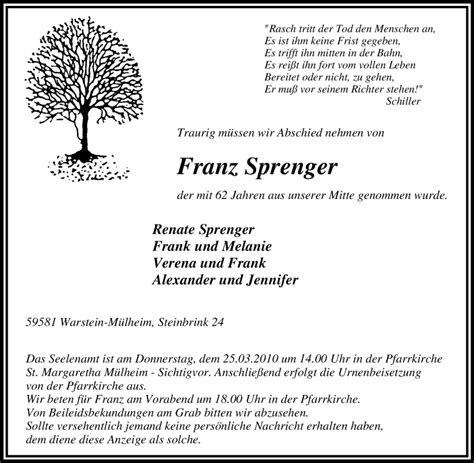 Traueranzeigen Von Franz Sprenger Trauer In Nrw De