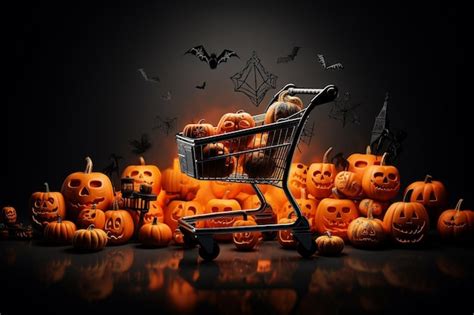 Premium Ai Image Halloween Sale Concept Scary Pumpkins On A Trolley