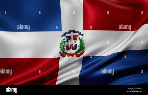 Dominican Republic National Flag Full Screen Background Silk Farbric Close Up Waving In The