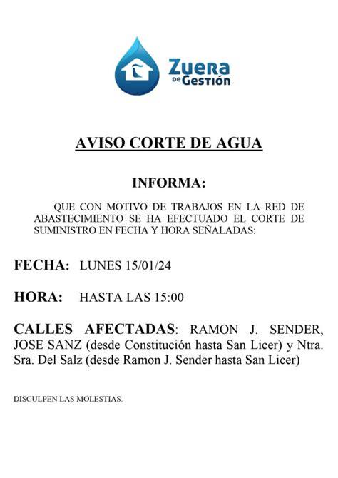 Aviso De Corte De Agua 15 01 Ayuntamiento De Zuera