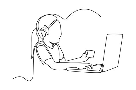 Single One Line Drawing Beautiful Young Girl Working Using Computer