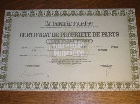 Certificat De Propriete De Parts De 3000 F La Garantie Fonciere Tres