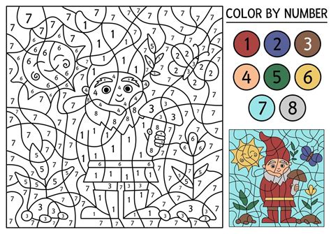 Vector Spring Color By Number Activity With Gnome Sun Baby Plants And