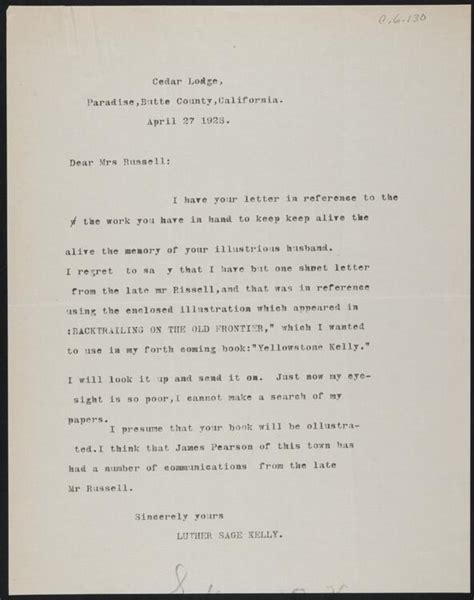 Letter From Luther Sage Kelly To Nancy C Russell Gilcrease Museum