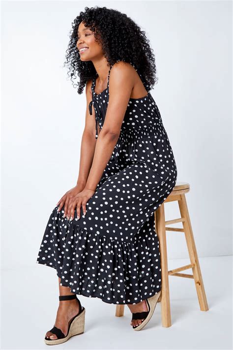 Petite Polka Dot Tiered Midi Sundress In Black Roman Originals UK