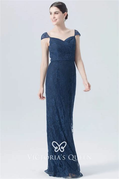 Midnight Blue Lace Floor Length Column Bridesmaid Dress Vq