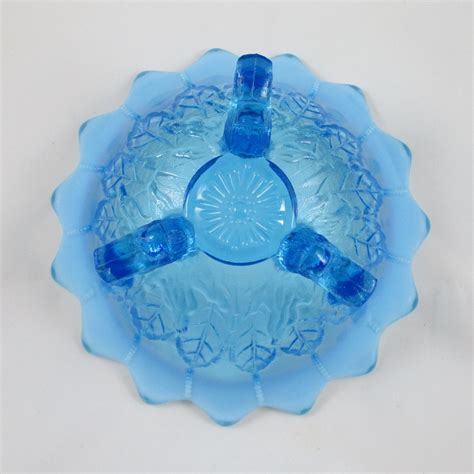 Antique Northwood Blue Opal Leaf And Beads Opalescent Glass Flared Candy Bowl Carnival Glass