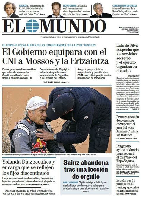 Cover Of EL MUNDO On Wednesday January 11 2023 Teller Report